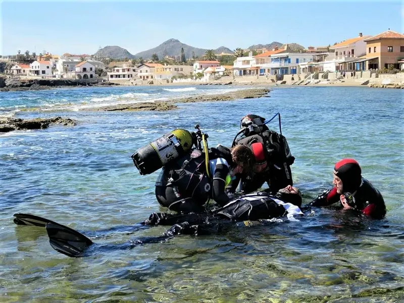 Plongeurs en équipement complet se préparent à entrer dans l'eau
