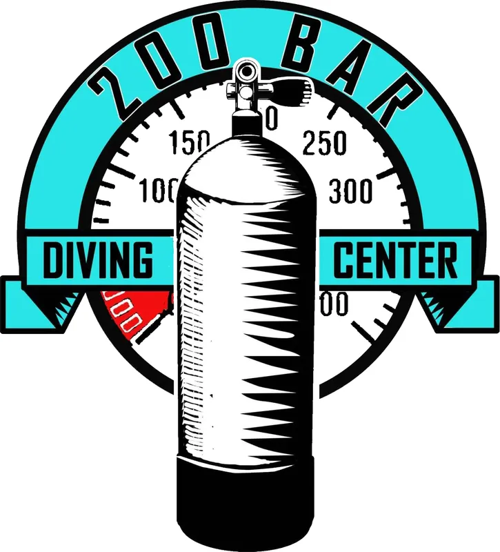 Logo d'un centre de plongée avec une bouteille et un manomètre