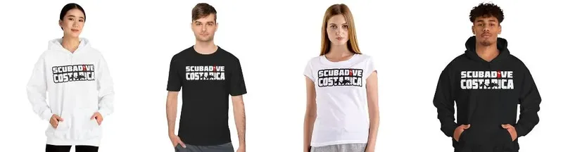 Quatre personnes portant des vêtements avec un logo de plongée