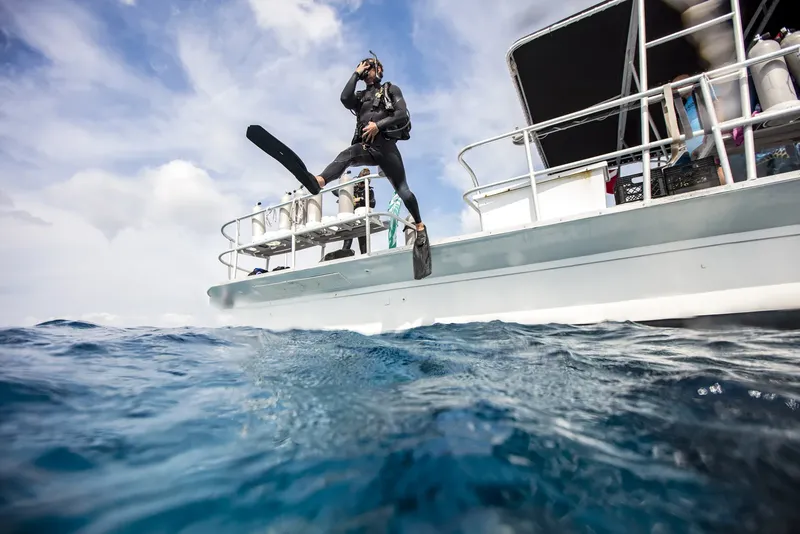 Plongeur s'apprête à sauter d'un bateau en pleine mer