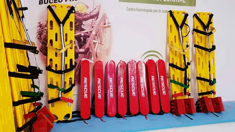 Equipement de sauvetage : bouées de signalisation et supports jaunes accrochés au mur
