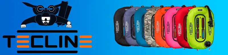 Gilets stabilisateurs de différentes couleurs avec un plongeur stylisé et logo