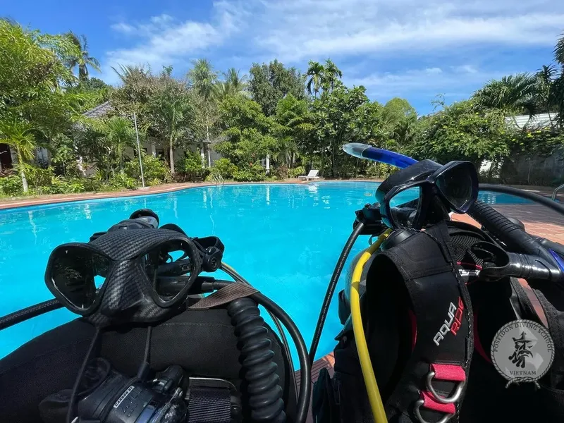 Equipement de plongée complet près d'une piscine ensoleillée et arborée