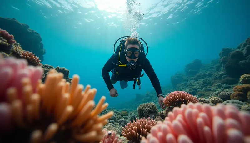 Plongeur explore un récif corallien coloré en apnée sous l'eau
