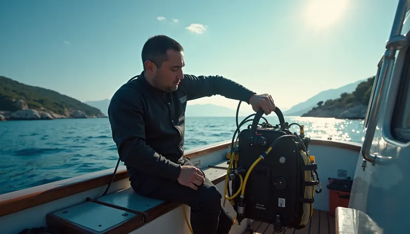 Plongeur préparant son équipement de plongée rebreather sur un bateau