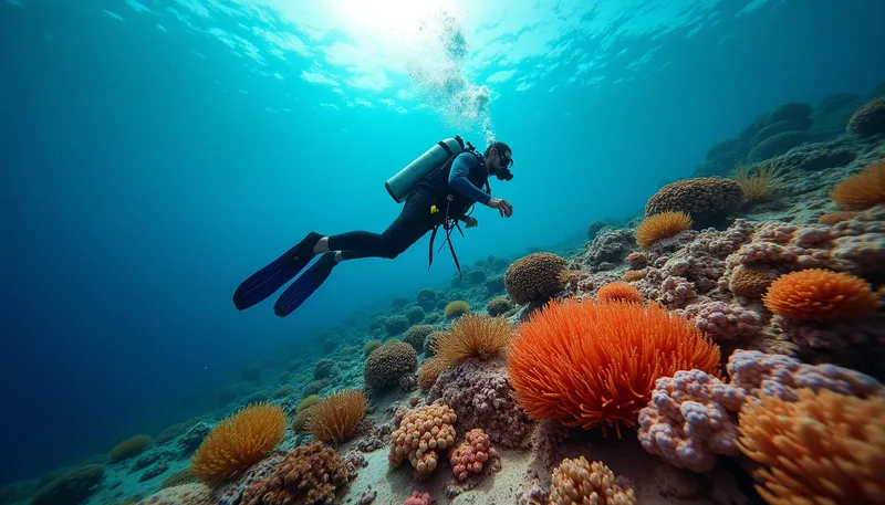 Plongeur explorant un récif corallien avec des anémones orange