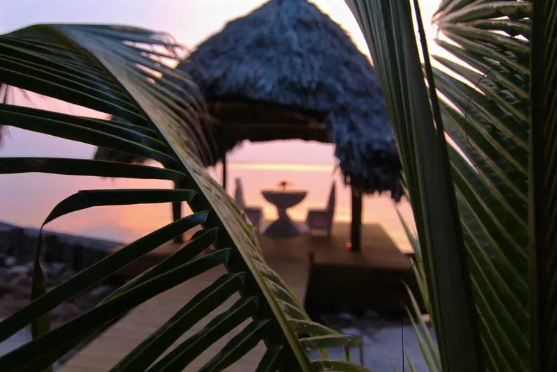 Structure en chaume ouverte sur une vue de coucher de soleil tropical