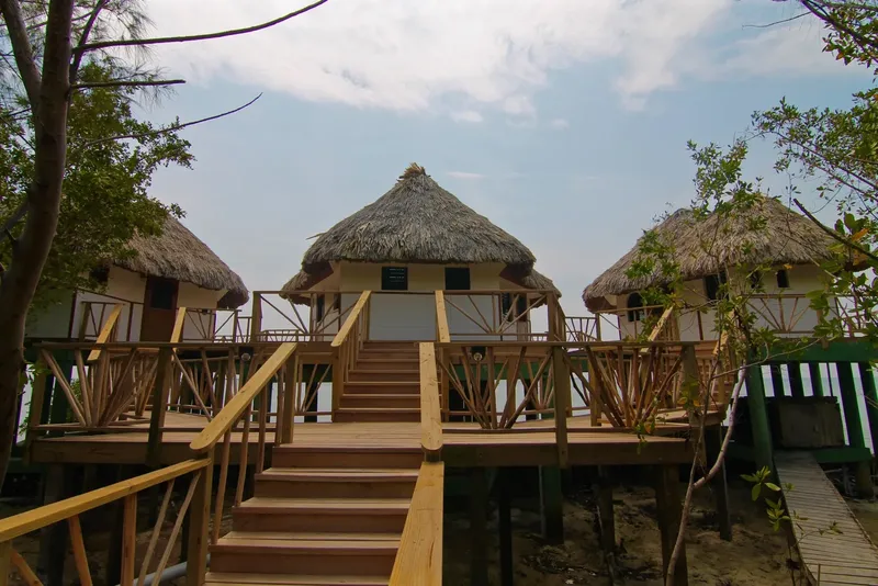 Trois huttes sur pilotis en bois avec toits de chaume et escaliers