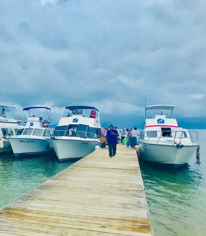 Personnes sur un ponton avec des bateaux de plongée amarrés au loin