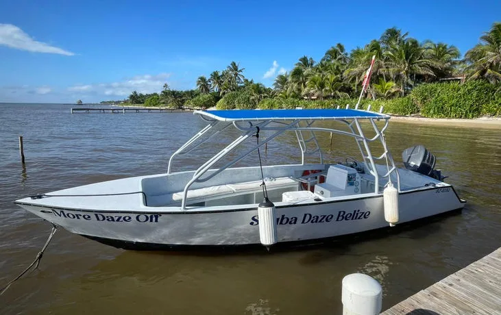 Bateau de plongée amarré à un ponton avec un ciel bleu clair
