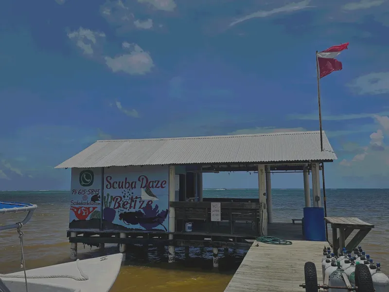Petit bâtiment sur pilotis avec enseigne Scuba Daze Belize et drapeaux