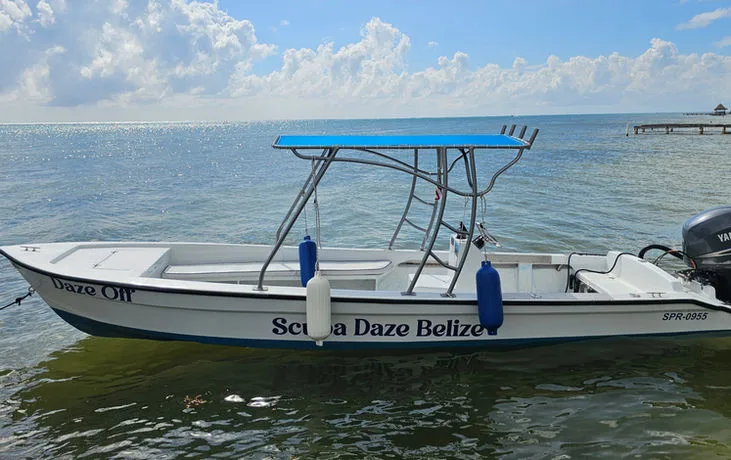 Bateau de plongée blanc amarré sur une eau turquoise et calme