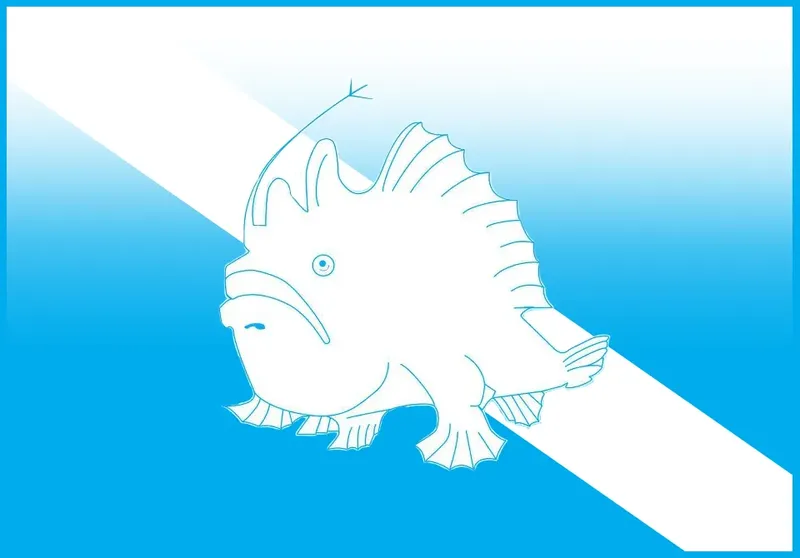 Illustration d'un poisson-pêcheur, dessin au trait sur fond dégradé bleu
