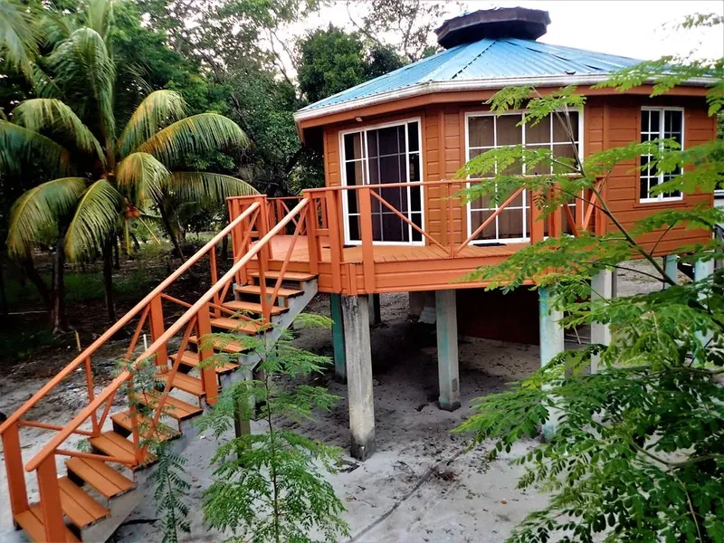 Petite maison en bois sur pilotis avec escalier orange et végétation