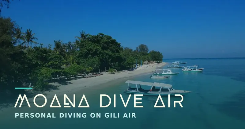 Plage tropicale avec bateaux de plongée et texte Moana Dive Air