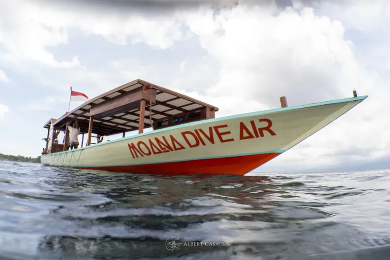 Bateau de plongée avec des passagers, vue sous la surface de l'eau
