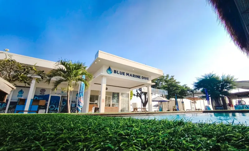 Façade d'un centre de plongée avec piscine et végétation tropicale