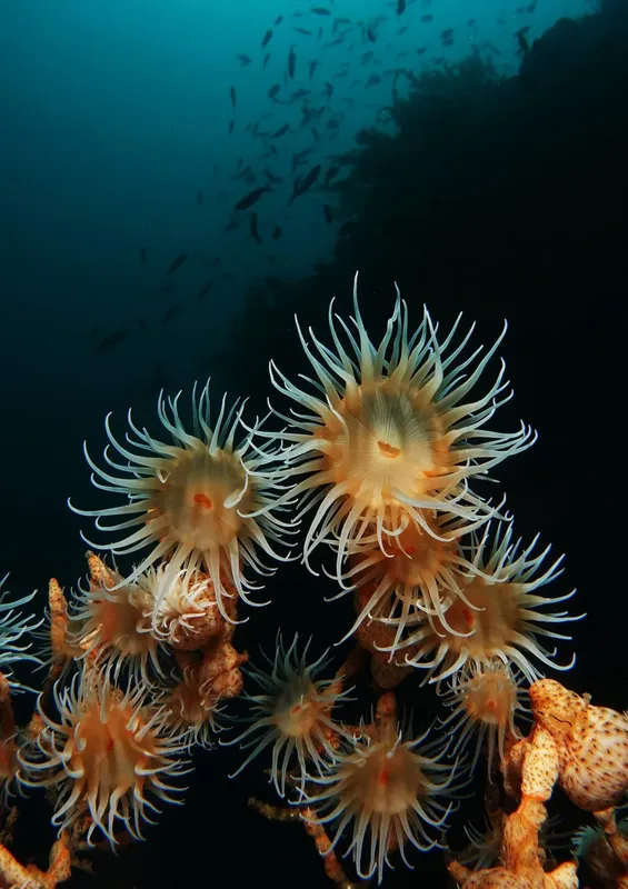 Anémones de mer blanches et orange sur un récifal corallien