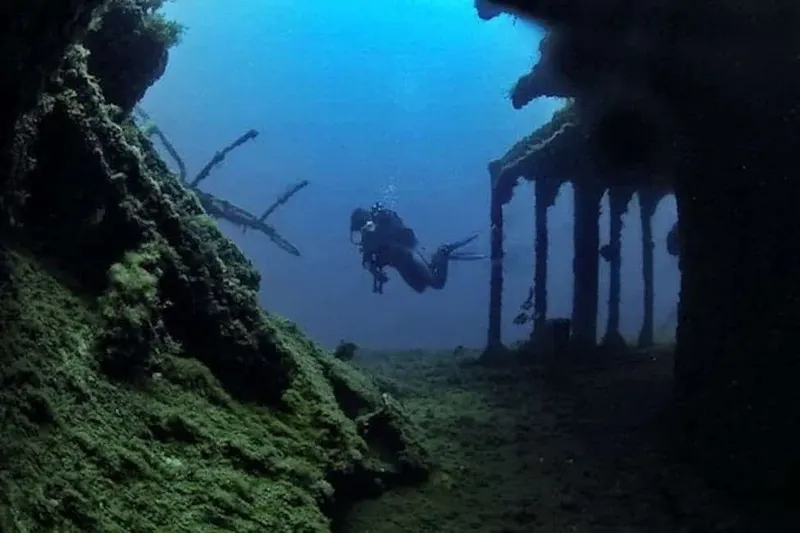 Plongeur explorant une épave colonnée par la végétation marine
