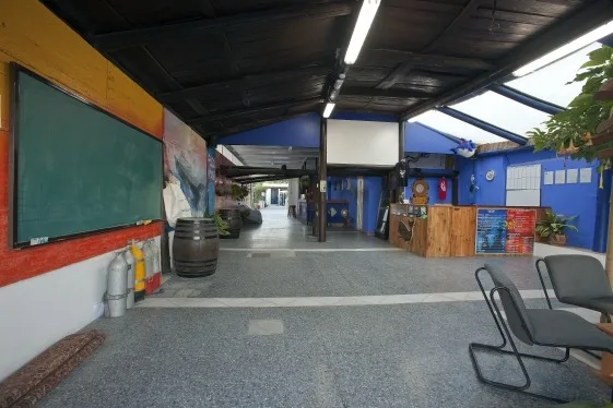Espace intérieur d'un centre de plongée avec comptoir d'accueil et mobilier