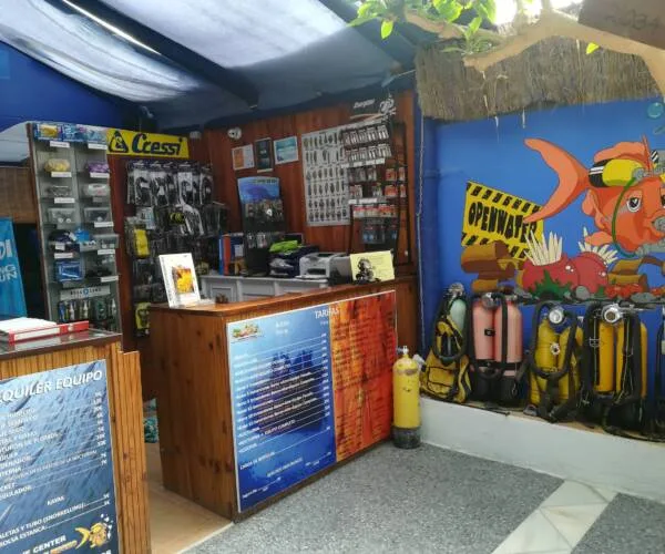 Comptoir d'accueil d'un centre de plongée avec matériel et affiches