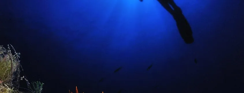 Plongeur descendant dans une eau bleue profonde avec des rayons de lumière