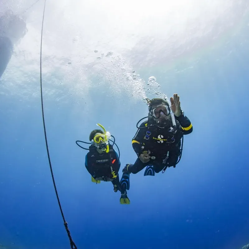 Deux plongeurs en combinaison explorent les profondeurs bleues sous-marines
