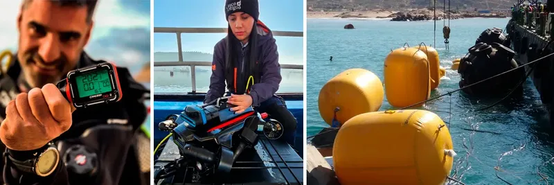 Plongeur avec ordinateur de plongée, personne préparant matériel, bouées jaunes sous l'eau