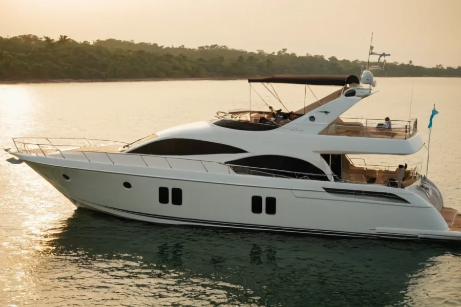 Grand yacht blanc naviguant sur une eau calme au coucher du soleil