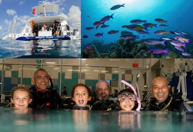 Bateau de plongée, banc de poissons, groupe de plongeurs souriants