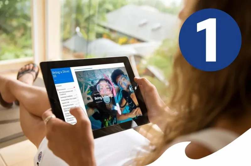 Personne regardant une tablette avec des plongeurs sur l'écran