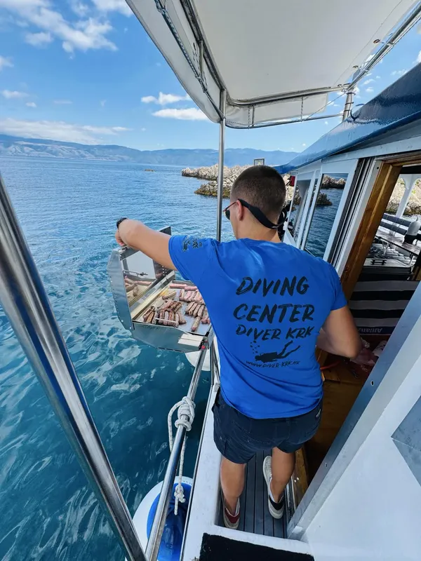 Plongeur sur un bateau, regardant dans l'eau, portant un t-shirt du centre