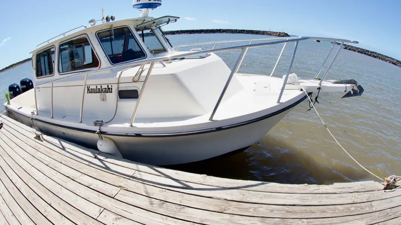 Bateau de plongée blanc amarré à un ponton en bois bleu clair