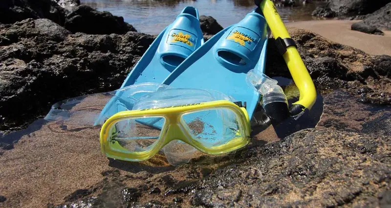 Mas, tuba et palmes bleues et jaunes sur sable volcanique
