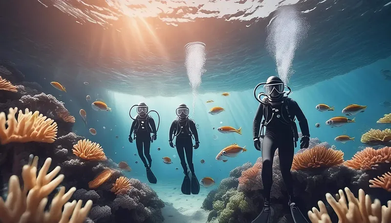 Trois plongeurs explorent un récif corallien avec des poissons colorés