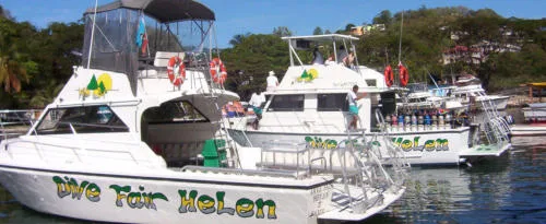 Plusieurs bateaux de plongée amarrés dans un port ensoleillé avec des personnes