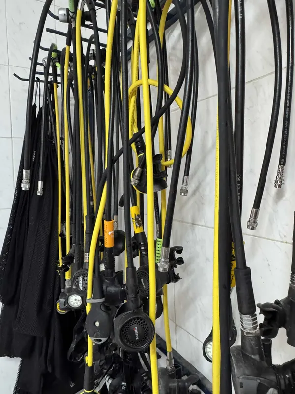 Rangée de détendeurs, manomètres et gilets de plongée suspendus