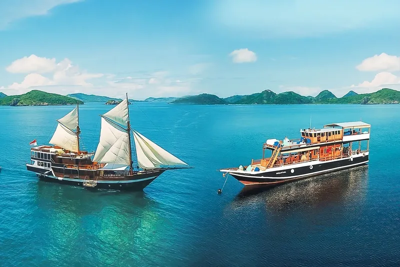 Deux bateaux de plongée naviguent sur une mer bleue et calme