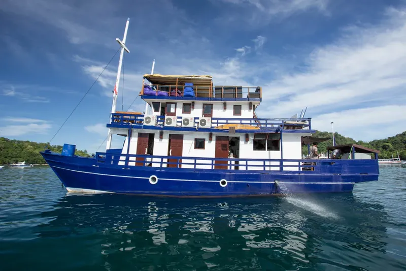 Grand bateau de plongée bleu et blanc navigue sur une mer calme