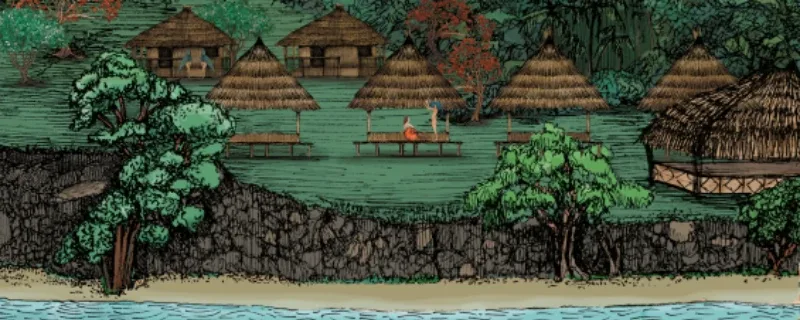Personnes assises sur des bancs devant des huttes de plage tropicales