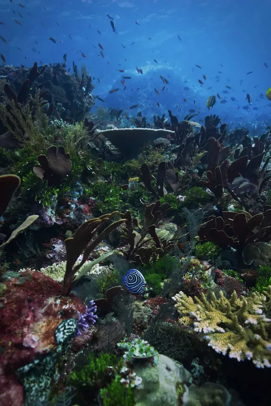 Recif corallien luxuriant avec poissons tropicaux et un poisson zèbre bleu