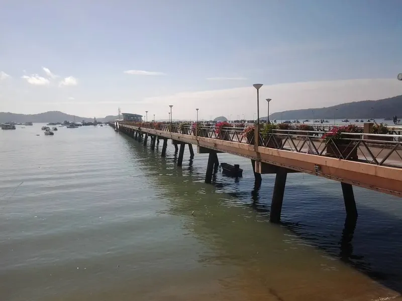 Long ponton en bois s'étendant sur l'eau avec des bateaux au loin