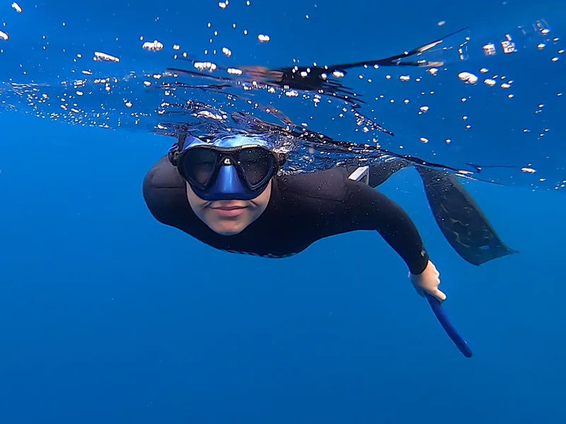 Apnée : une personne nage sous l'eau avec masque et palmes