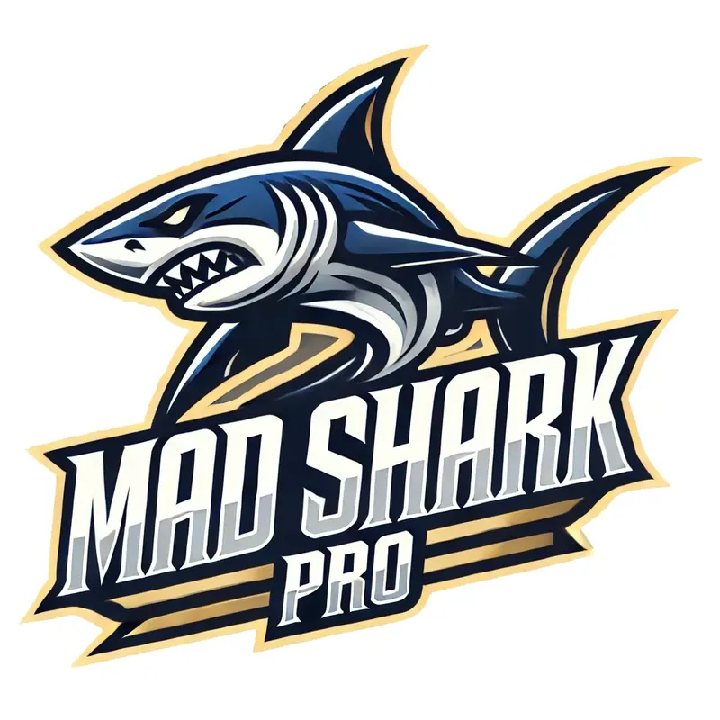 Illustration d'un requin bleu et blanc avec le texte Mad Shark Pro
