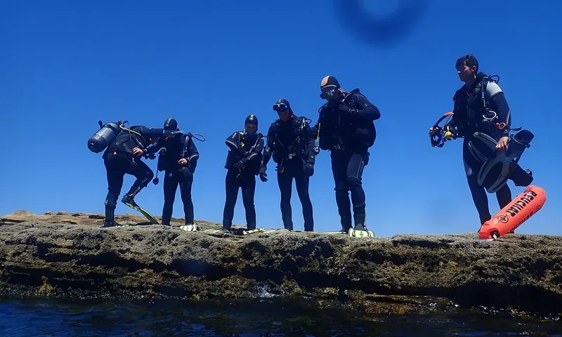 Groupe de plongeurs équipés sur un rocher au bord de l'eau