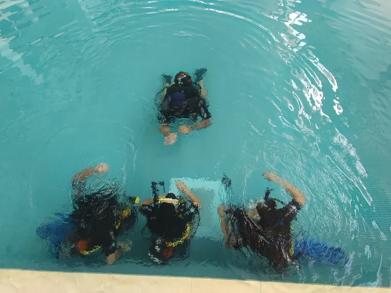 Plongeurs en formation dans une piscine, équipés de combinaisons et masques