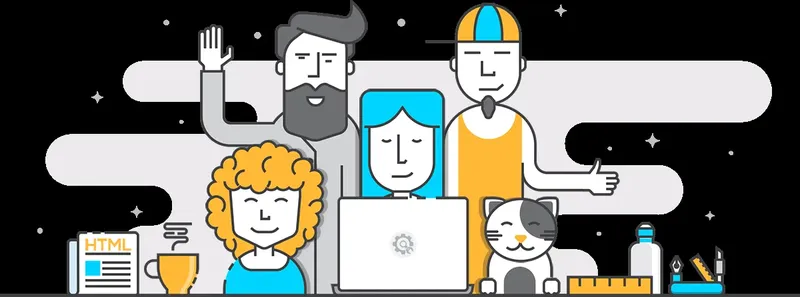 Illustration de personnes travaillant ensemble avec un ordinateur et un chat
