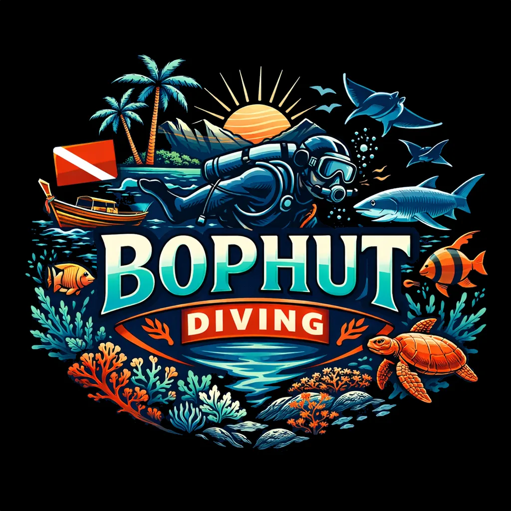 Plongeur, requin, tortue et bateau dans un décor tropical coloré