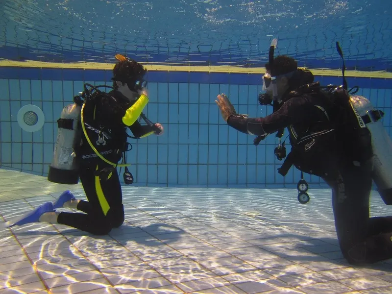 Deux plongeurs s'entraînent dans une piscine, se donnant la main