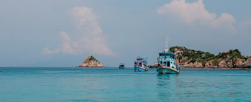 Plusieurs bateaux de pêche ancrés dans une baie turquoise ensoleillée